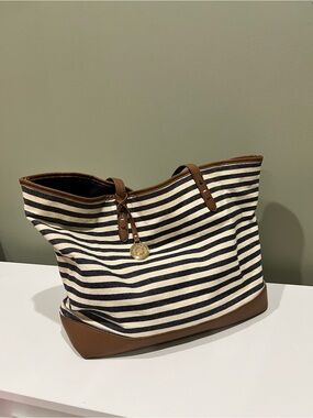Tommy Hilfiger Navy and Cream Striped Canvas Tote with Brown Trim